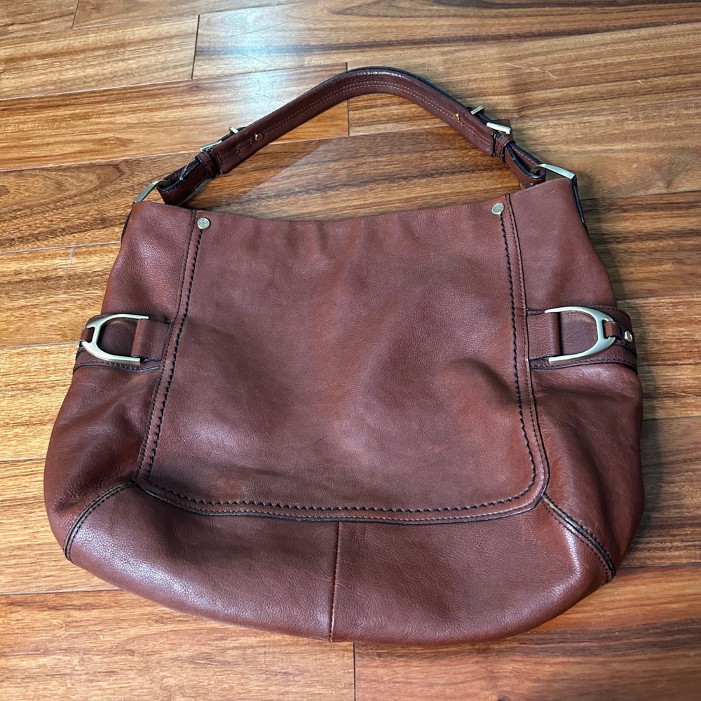 Cole Haan Cognac Brown Leather Hobo Shoulder Bag Gold Hardware Stirrup Detail